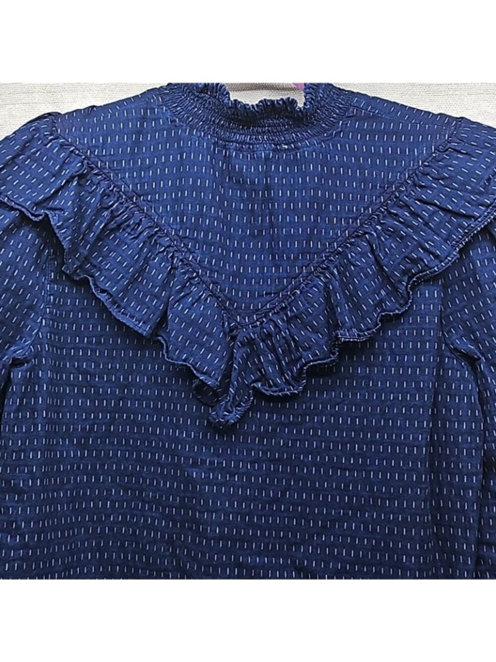 LOFT Womens Large Ruffle Prairie Victorian Cottagecore Navy Cotton Button Front - Picture 7 of 10
